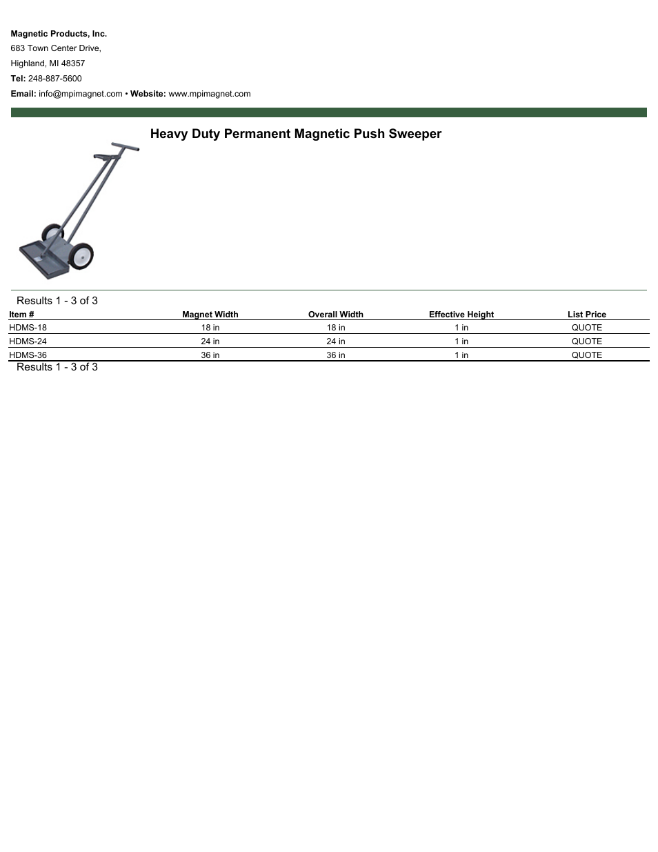 Magnetic Products Heavy Duty Permanent Magnetic Push Sweeper User Manual | 1 page