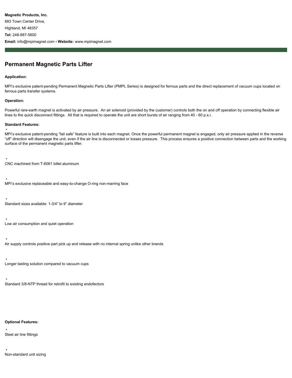 Magnetic Products Permanent Magnetic Parts Lifter User Manual | 2 pages