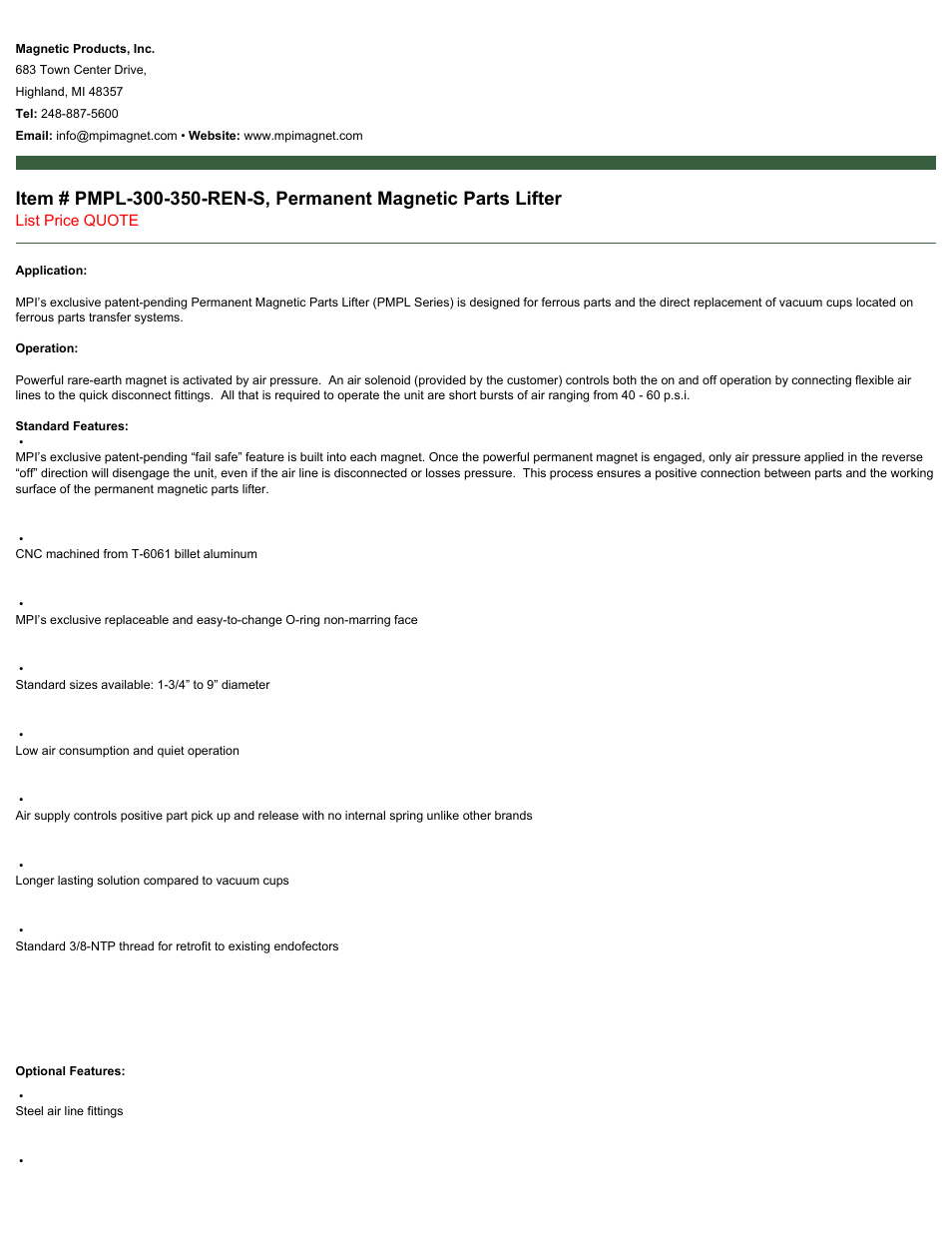 Magnetic Products PMPL-300-350-REN-S User Manual | 2 pages