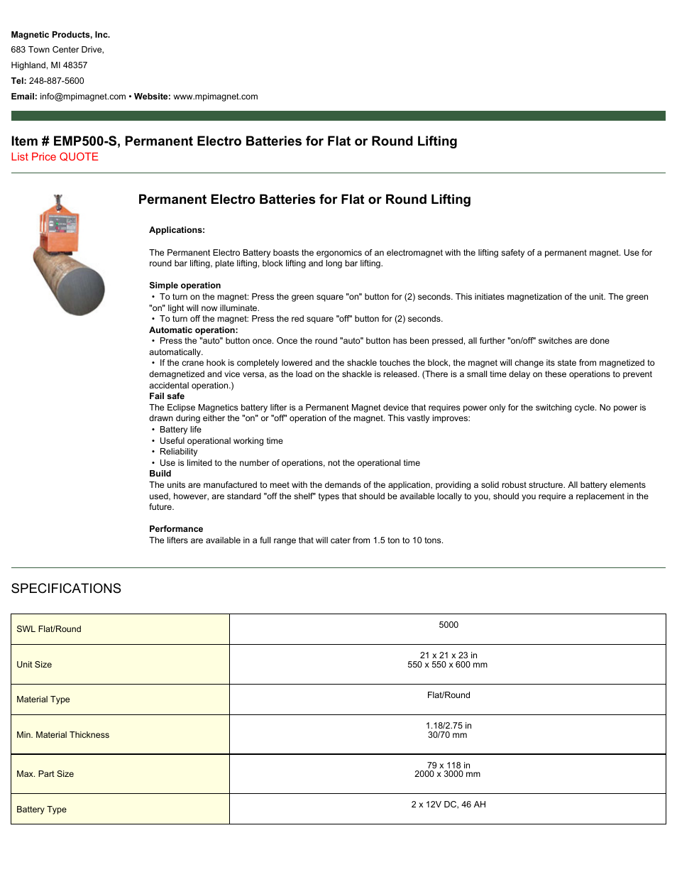 Magnetic Products EMP500-S User Manual | 2 pages