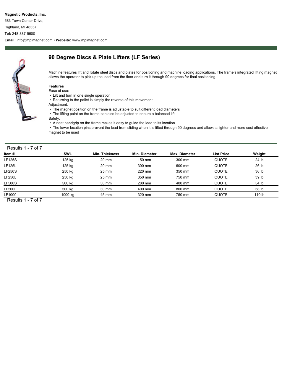 Magnetic Products LF Series User Manual | 1 page