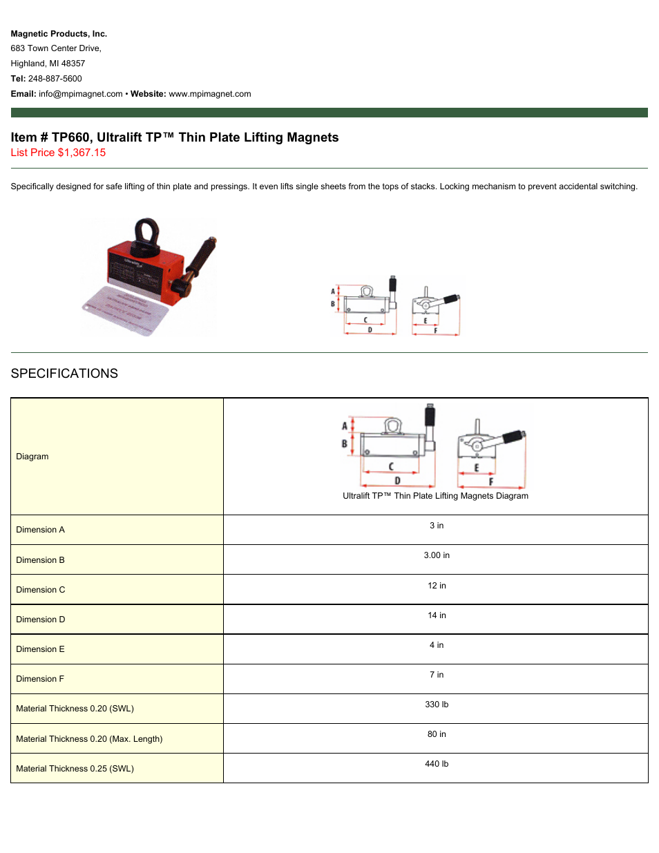 Magnetic Products TP660 User Manual | 2 pages