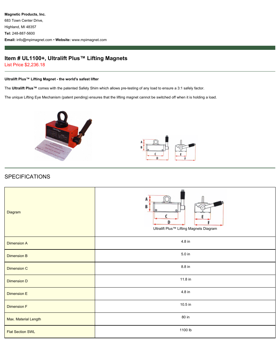 Magnetic Products UL1100+ User Manual | 2 pages
