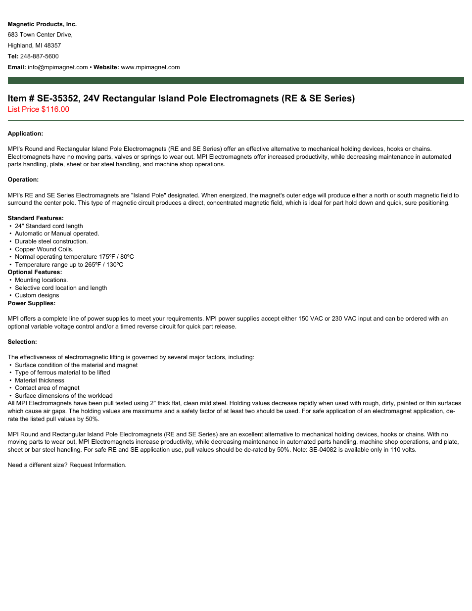 Magnetic Products SE-35352 User Manual | 2 pages