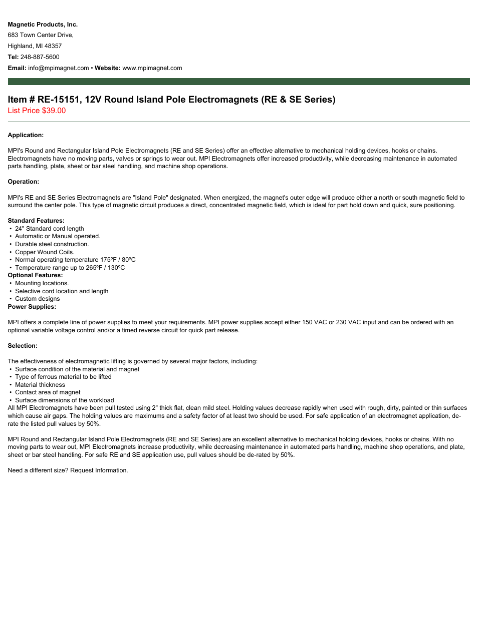 Magnetic Products RE-15151 User Manual | 2 pages