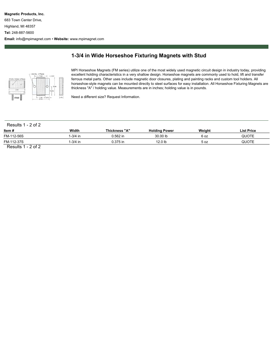 Magnetic Products 1-3/4 in Wide Horseshoe Fixturing Magnets with Stud User Manual | 1 page