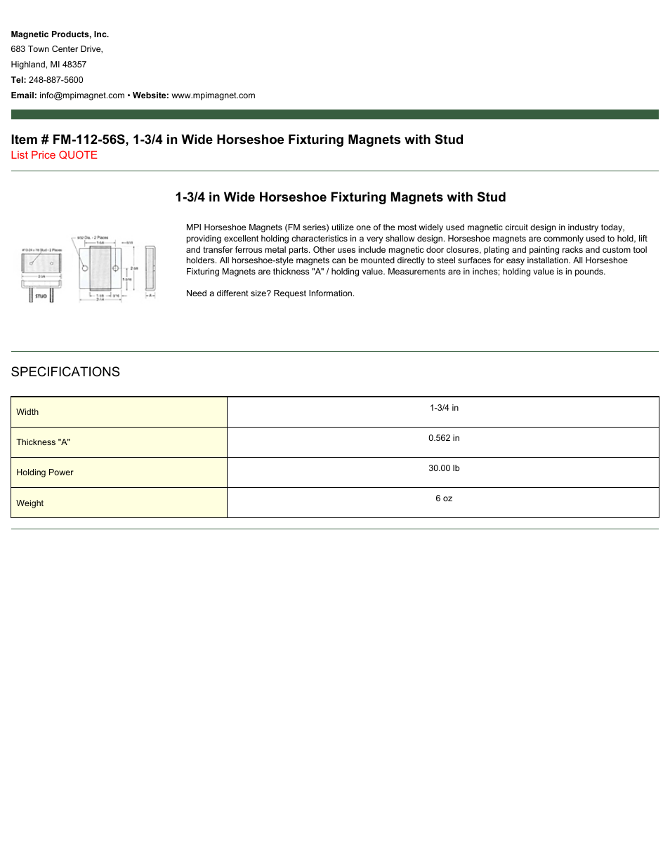Magnetic Products FM-112-56S User Manual | 1 page