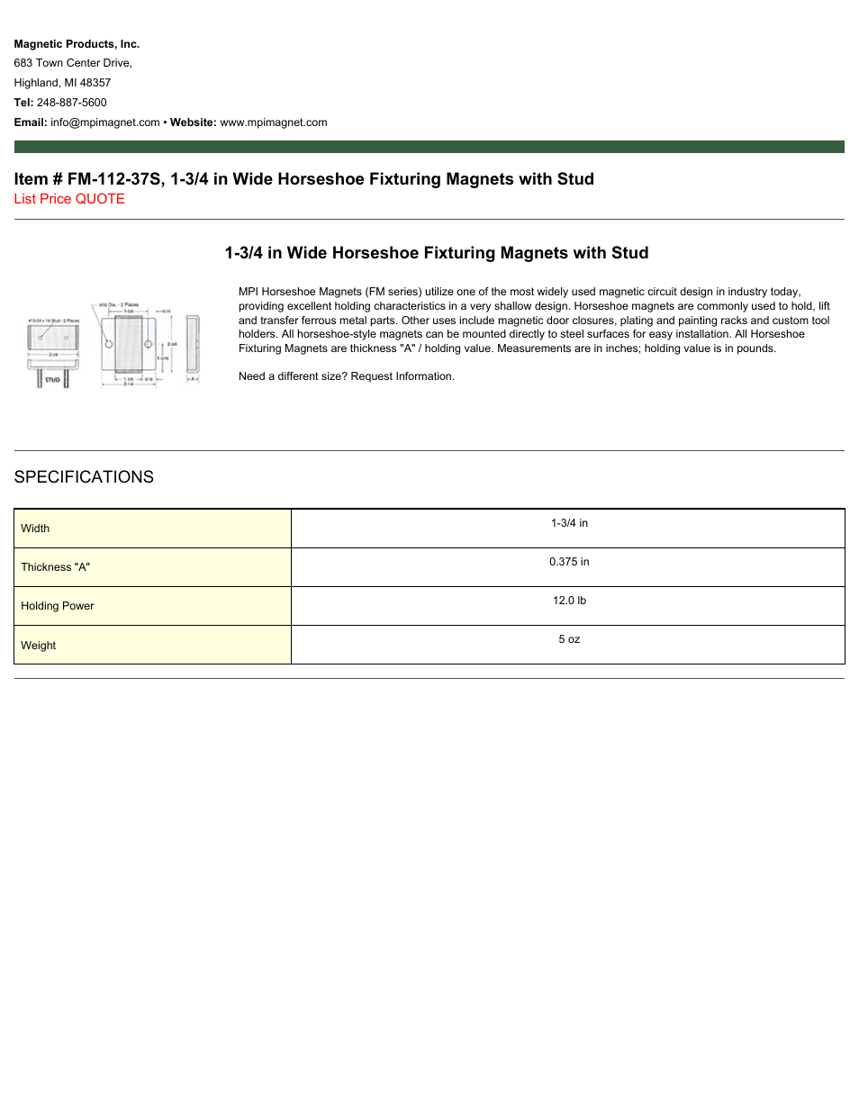 Magnetic Products FM-112-37S User Manual | 1 page