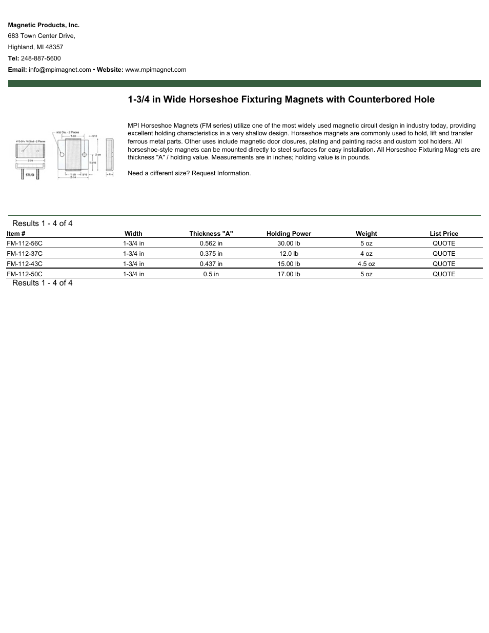 Magnetic Products 1-3/4 in Wide Horseshoe Fixturing Magnets with Counterbored Hole User Manual | 1 page