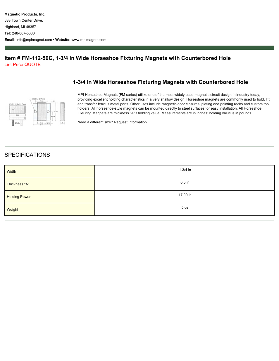 Magnetic Products FM-112-50C User Manual | 1 page