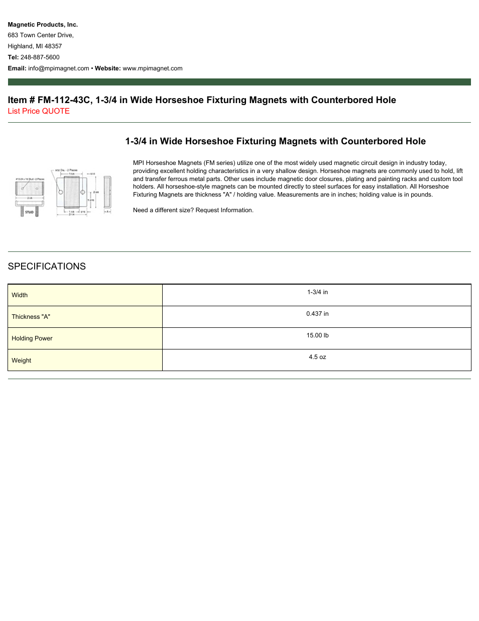 Magnetic Products FM-112-43C User Manual | 1 page