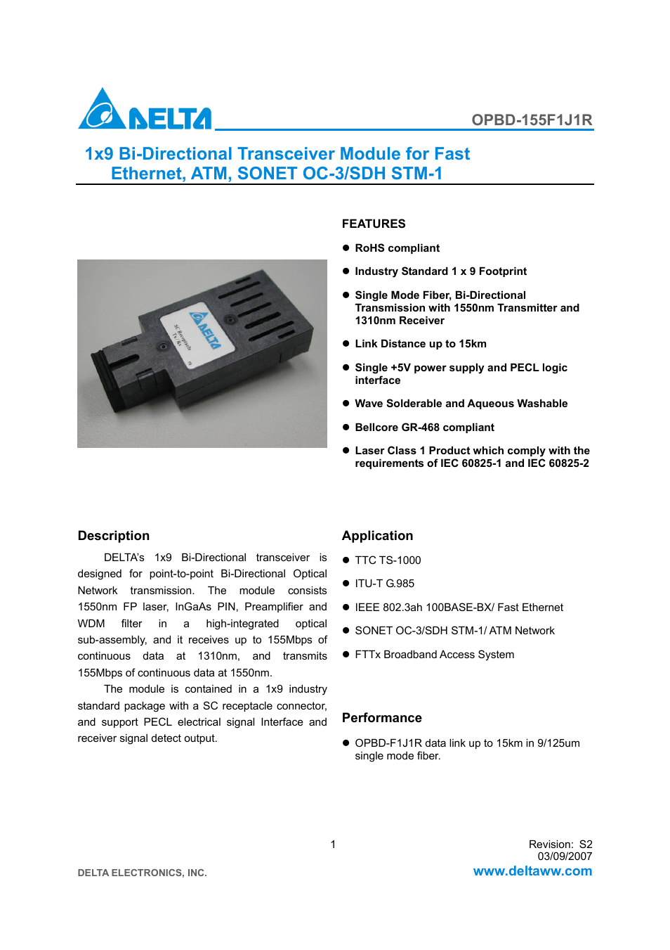 Delta Electronics 1x9 Bi-Directional Transceiver Module OPBD-155F1J1R User Manual | 7 pages