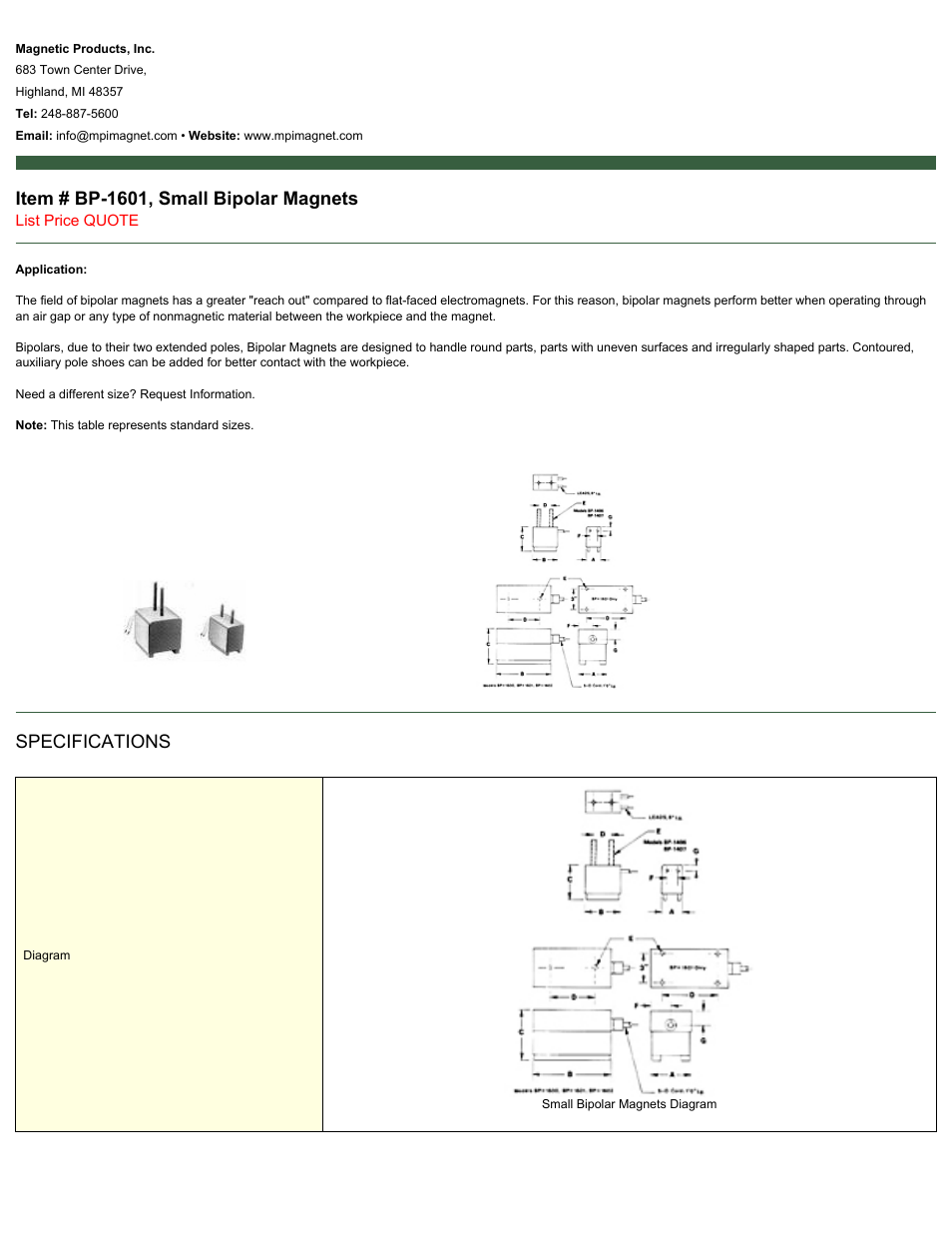 Magnetic Products BP-1601 User Manual | 2 pages