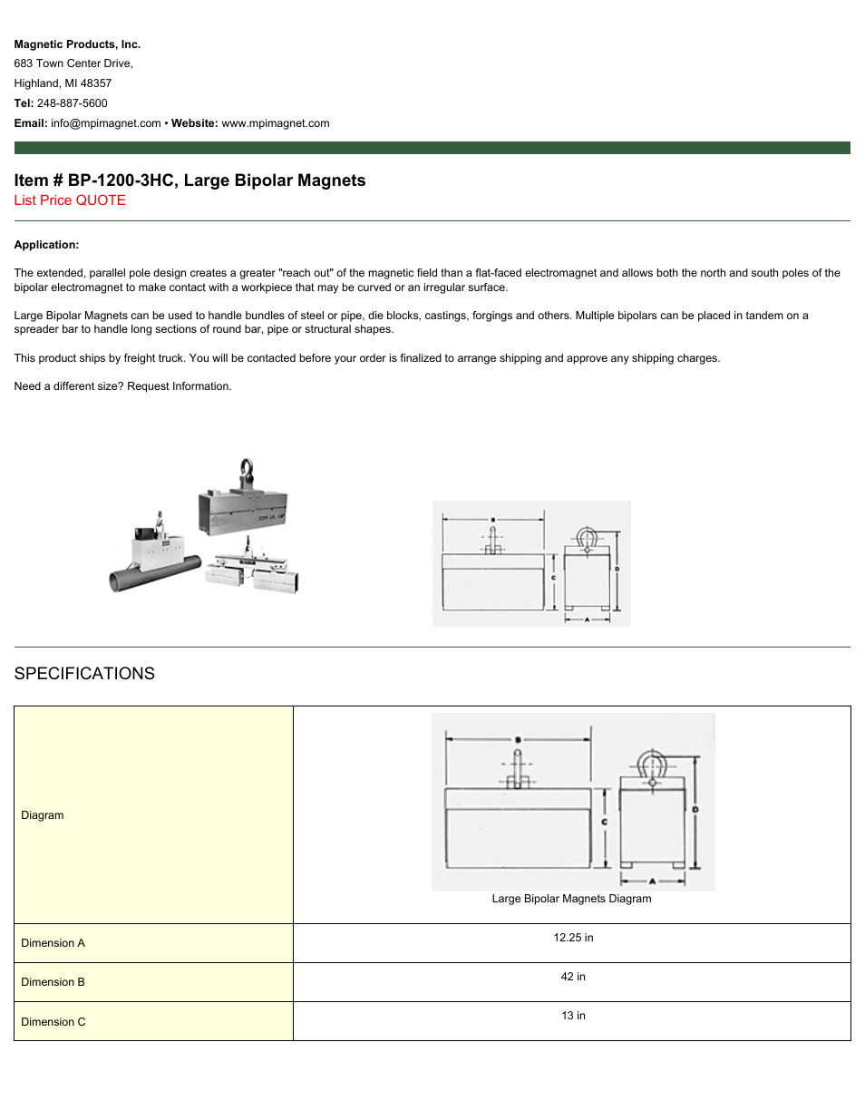 Magnetic Products BP-1200-3HC User Manual | 2 pages