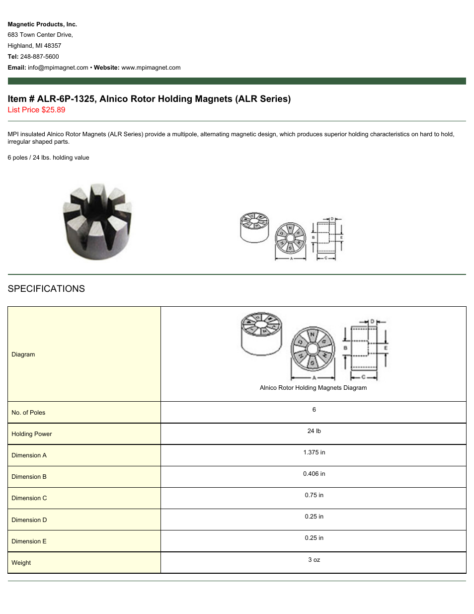 Magnetic Products ALR-6P-1325 User Manual | 1 page