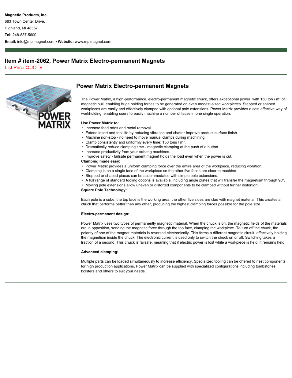 Magnetic Products 2062, Power Matrix Electro-permanent Magnets User Manual | 1 page