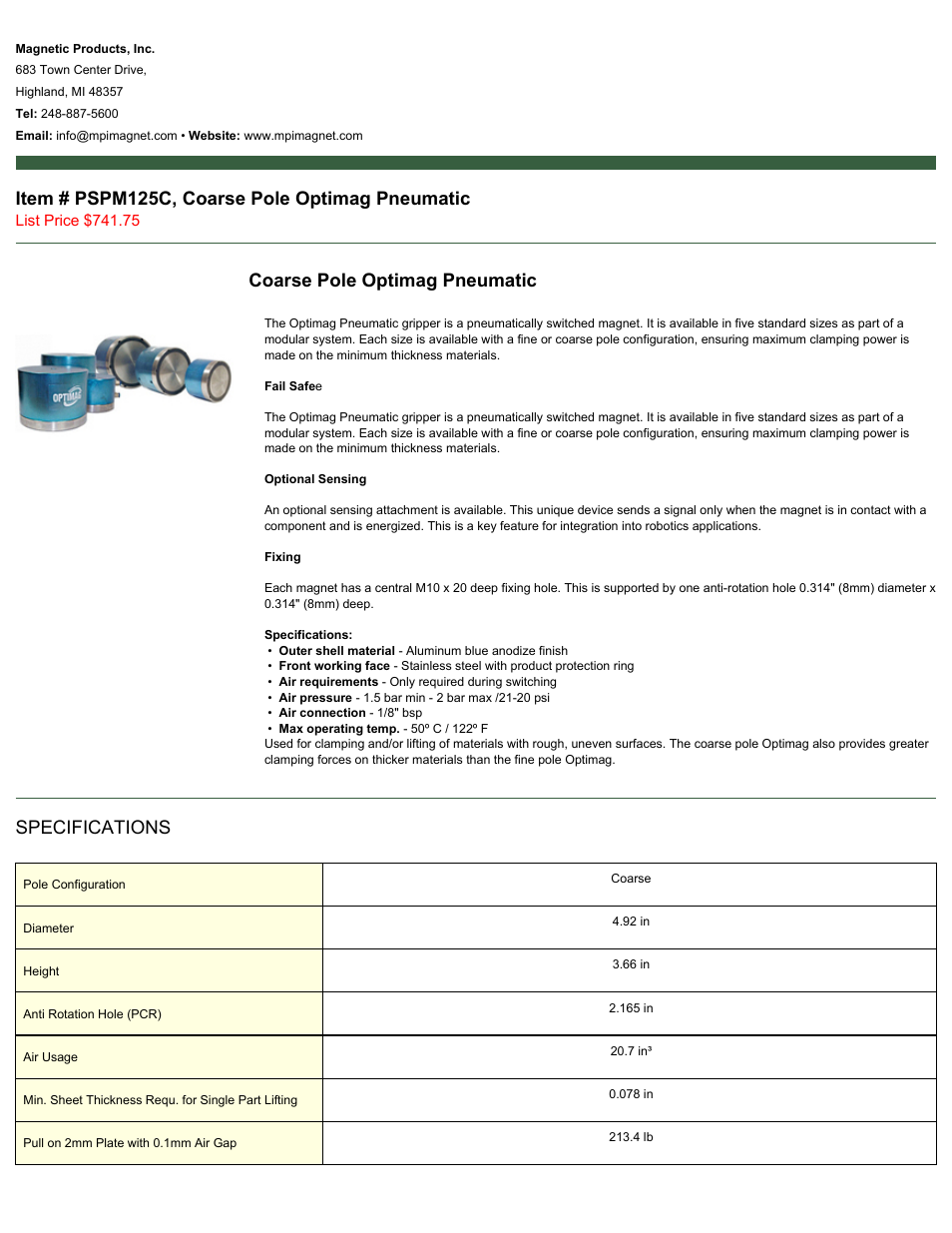 Magnetic Products PSPM125C User Manual | 2 pages
