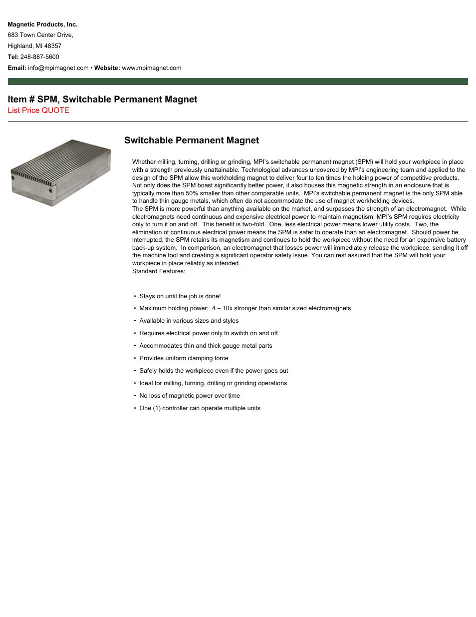 Magnetic Products SPM, Switchable Permanent Magnet User Manual | 1 page