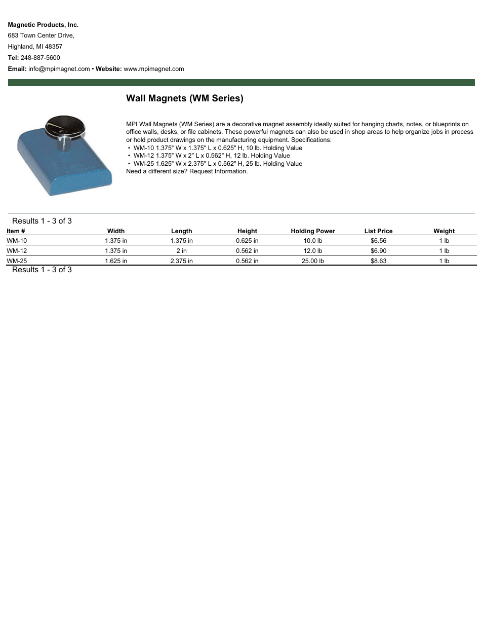 Magnetic Products WM Series User Manual | 1 page