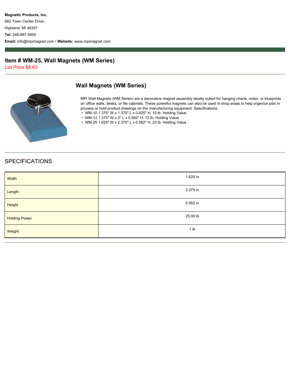 Magnetic Products WM-25 User Manual | 1 page