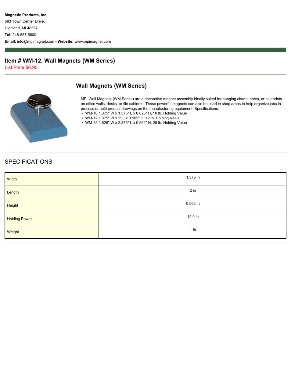 Magnetic Products WM-12 User Manual | 1 page