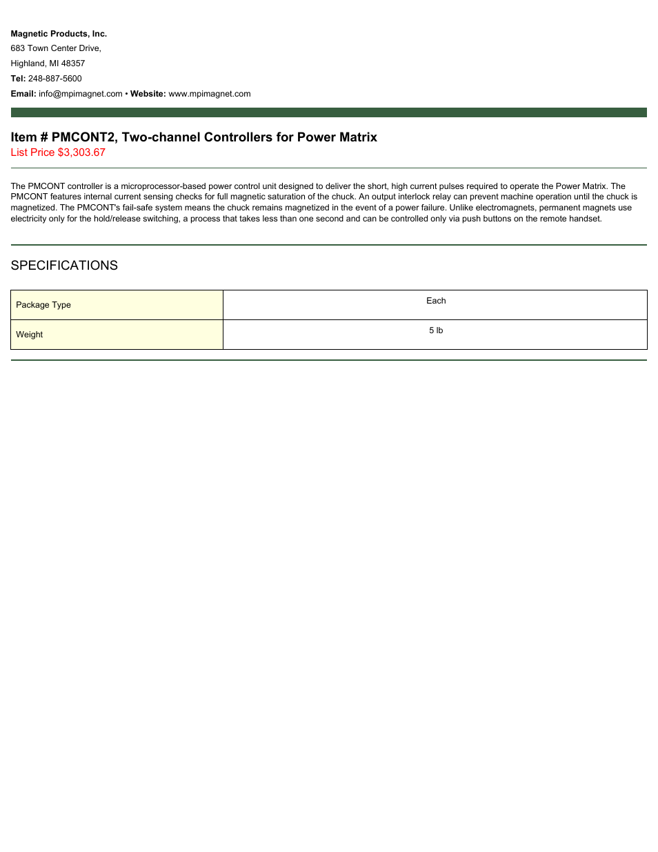 Magnetic Products PMCONT2 User Manual | 1 page