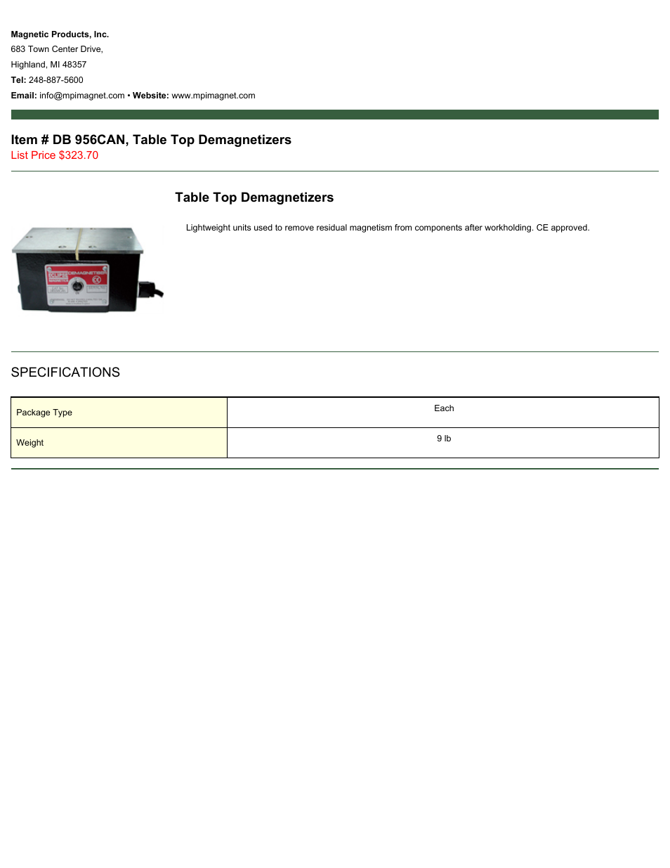 Magnetic Products DB 956CAN User Manual | 1 page