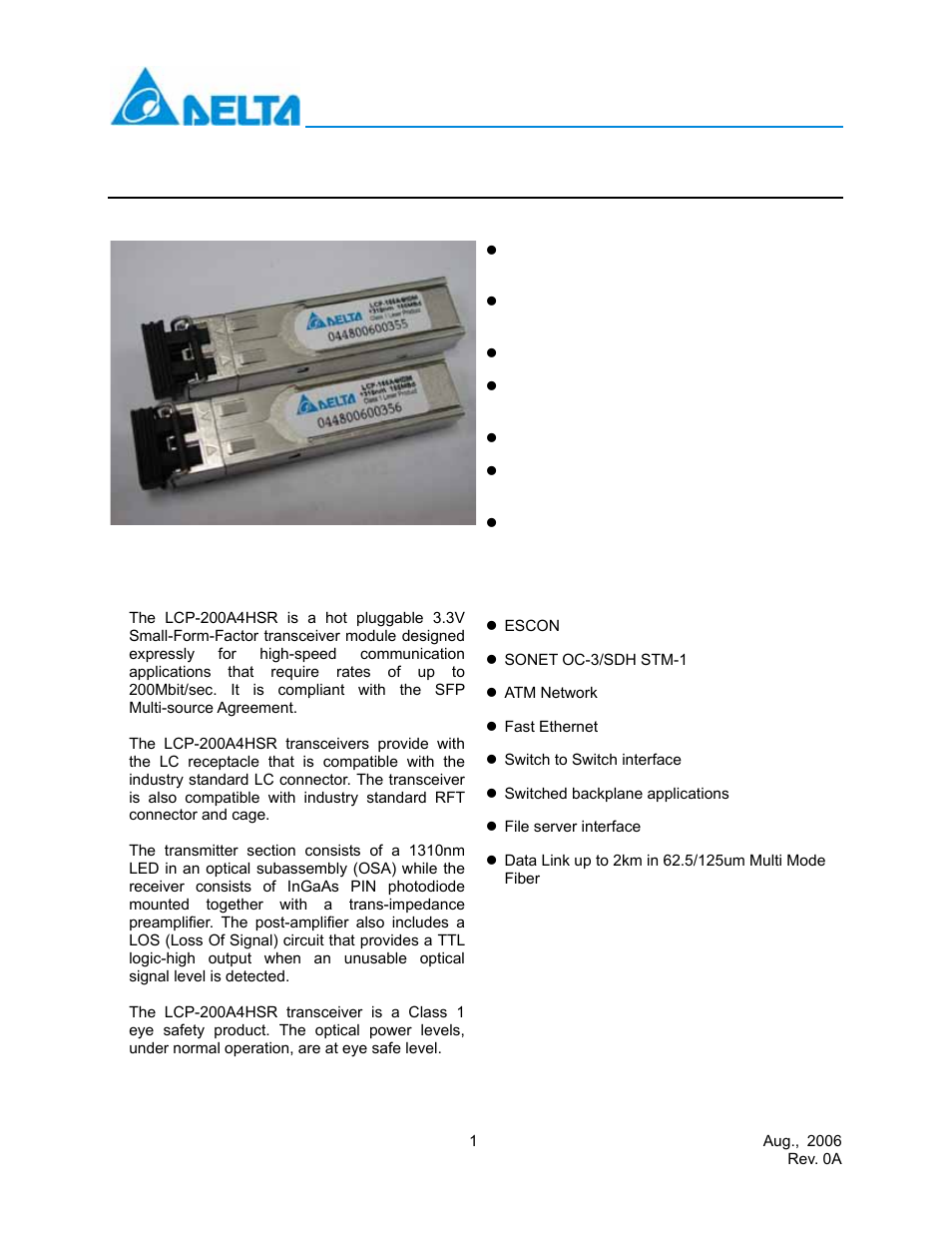 Delta Electronics LCP-200A4HSR User Manual | 9 pages