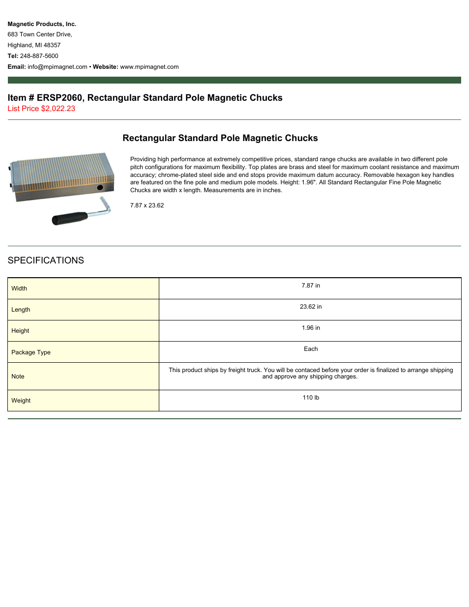 Magnetic Products ERSP2060 User Manual | 1 page