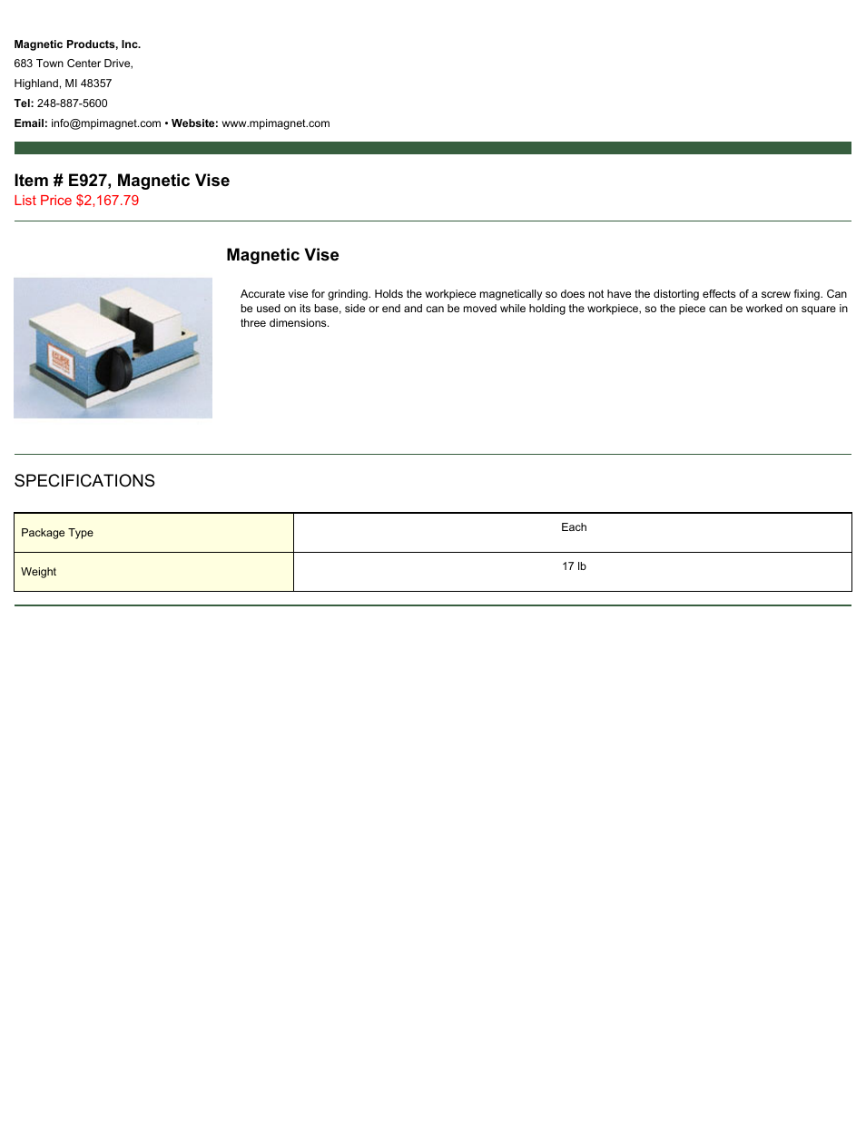 Magnetic Products E927 User Manual | 1 page