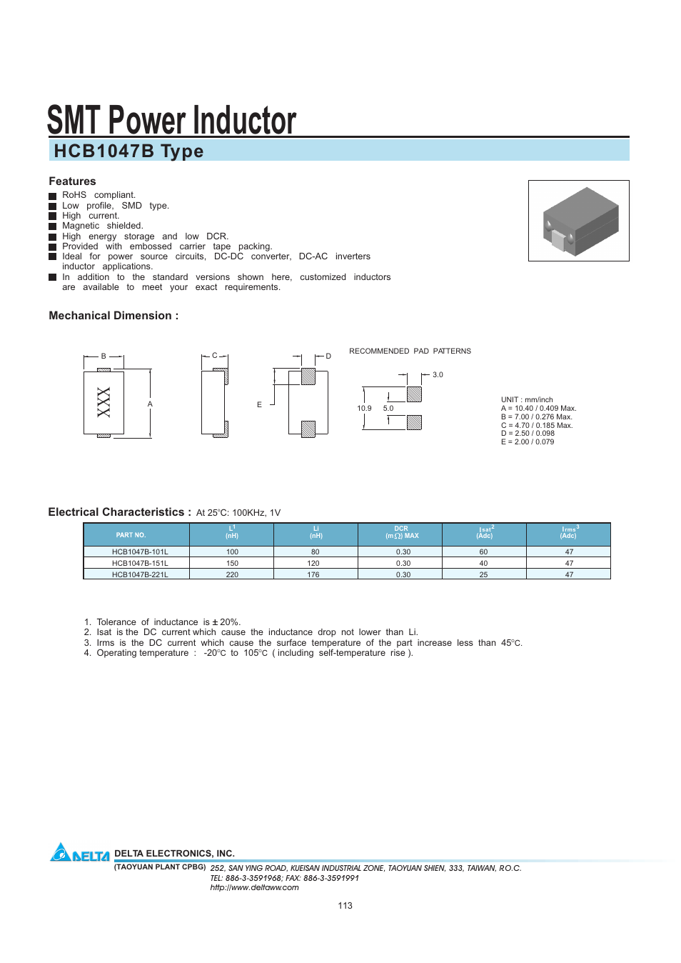 Delta Electronics SMT Power Inductor HCB1047B User Manual | 1 page