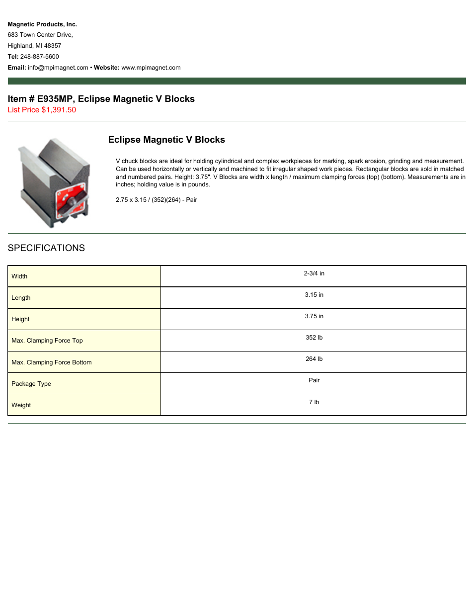 Magnetic Products E935MP User Manual | 1 page