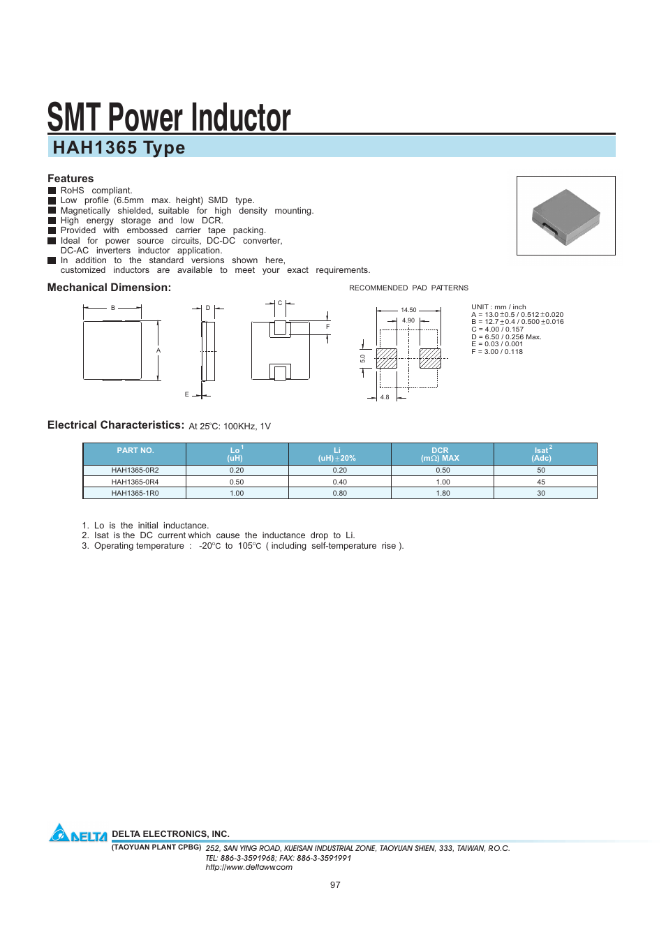 Delta Electronics SMT Power Inductor HAH1365 User Manual | 1 page