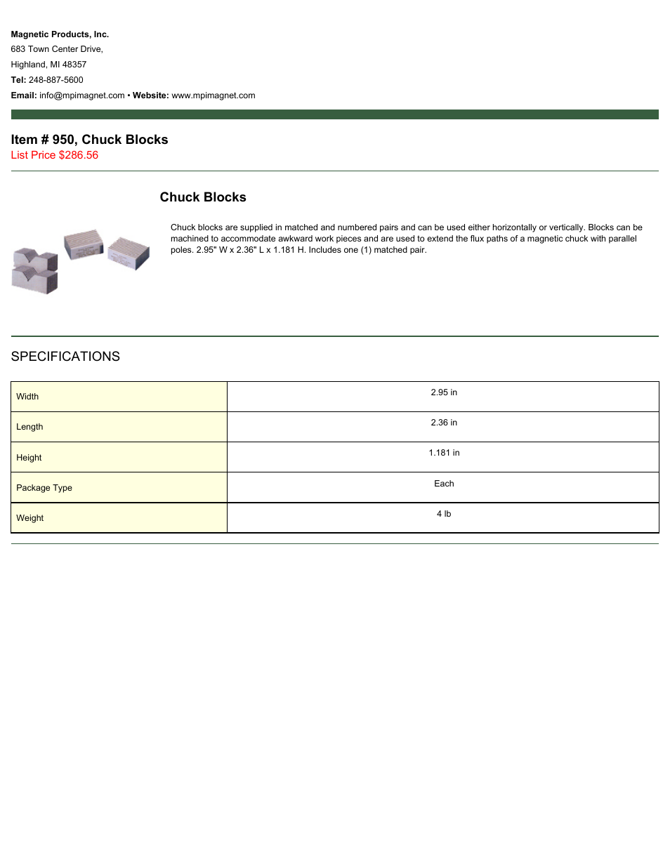 Magnetic Products 950, Chuck Blocks User Manual | 1 page