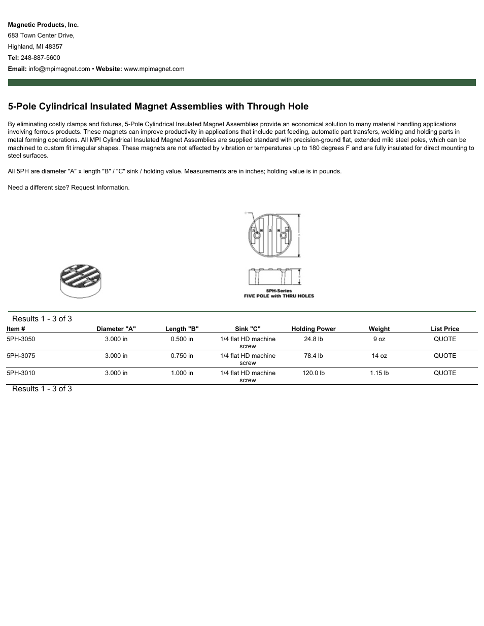 Magnetic Products 5PH Series 5-Pole Cylindrical Insulated Magnet User Manual | 1 page