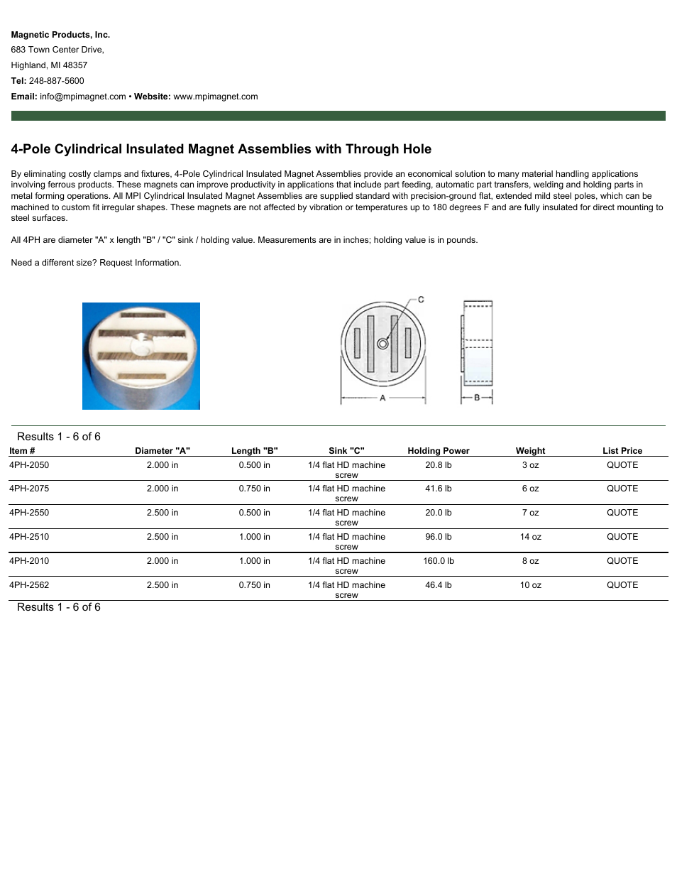 Magnetic Products 4PH Series 5-Pole Cylindrical Insulated Magnet User Manual | 1 page