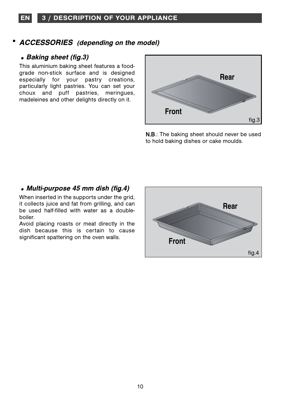 Accessories, Front rear front rear | DE DIETRICH DOP1180 User Manual | Page 10 / 20