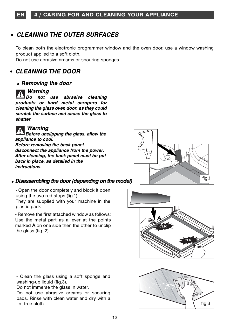 Cleaning the outer surfaces, Cleaning the door | DE DIETRICH DOP1180 User Manual | Page 12 / 20