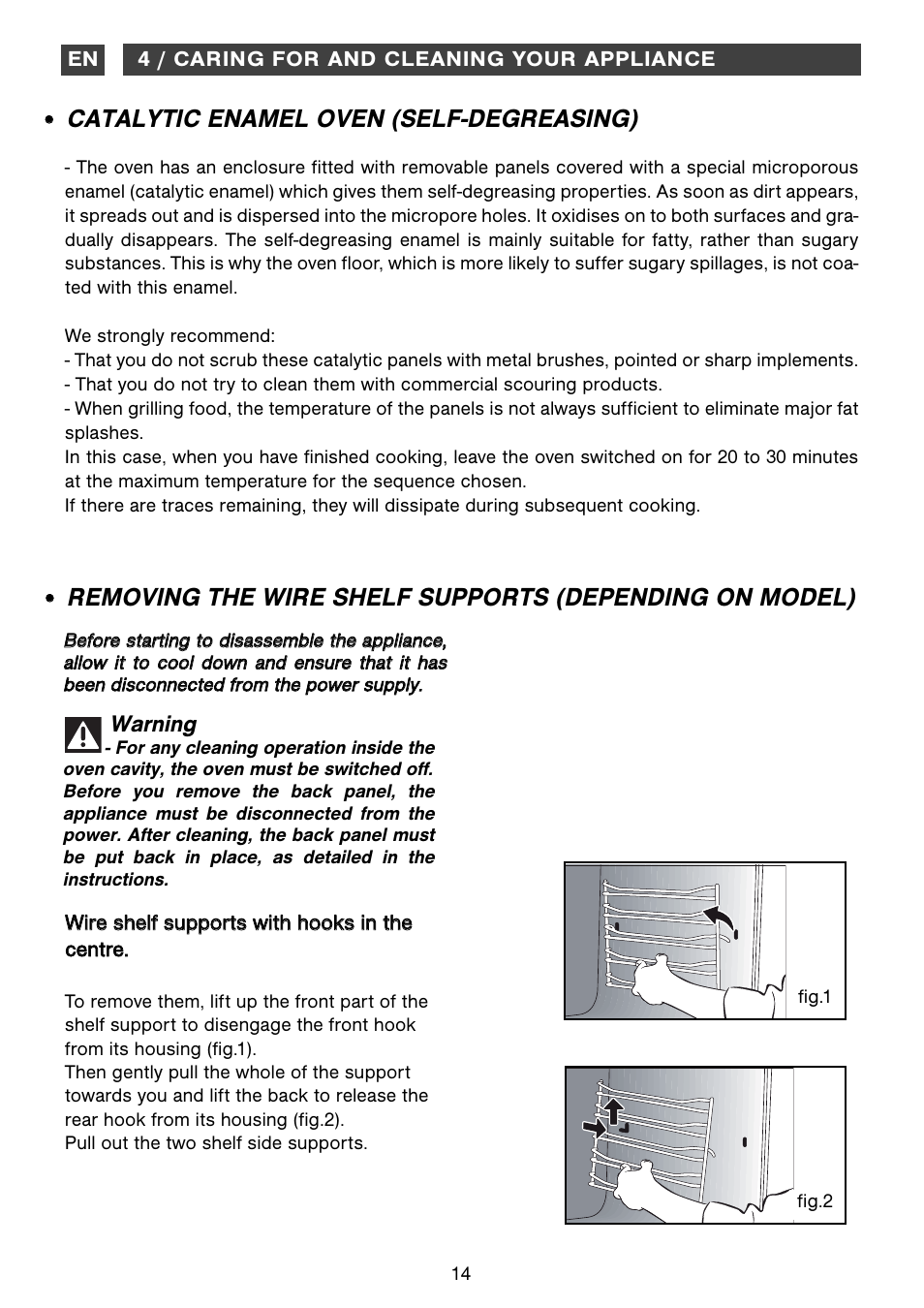 Catalytic enamel oven (self-degreasing), Warning | DE DIETRICH DOP1180 User Manual | Page 14 / 20