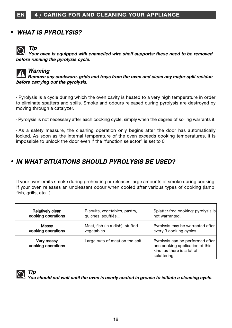 What is pyrolysis, Warning | DE DIETRICH DOP1180 User Manual | Page 16 / 20