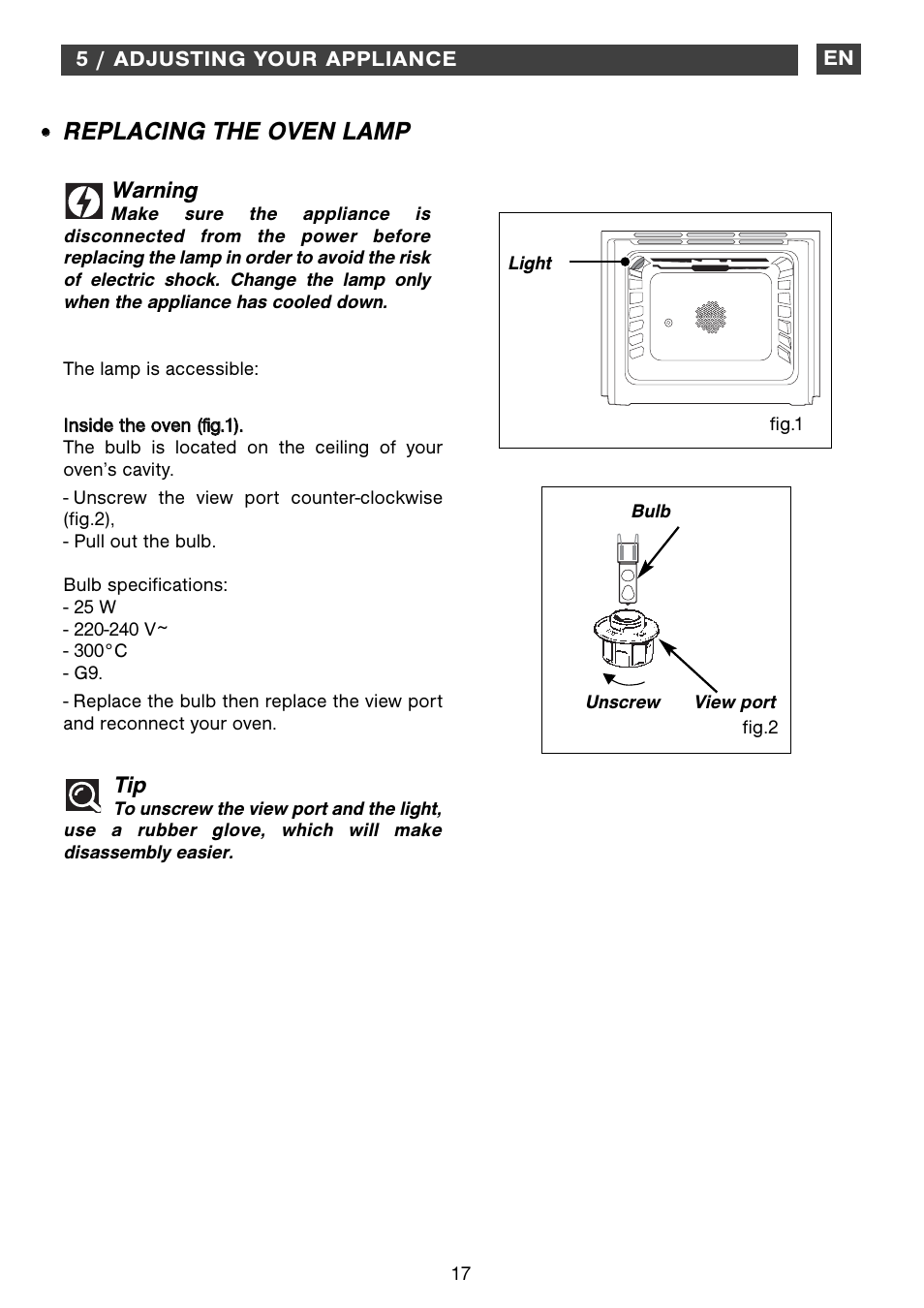 Replacing the oven lamp, Warning | DE DIETRICH DOP1180 User Manual | Page 17 / 20