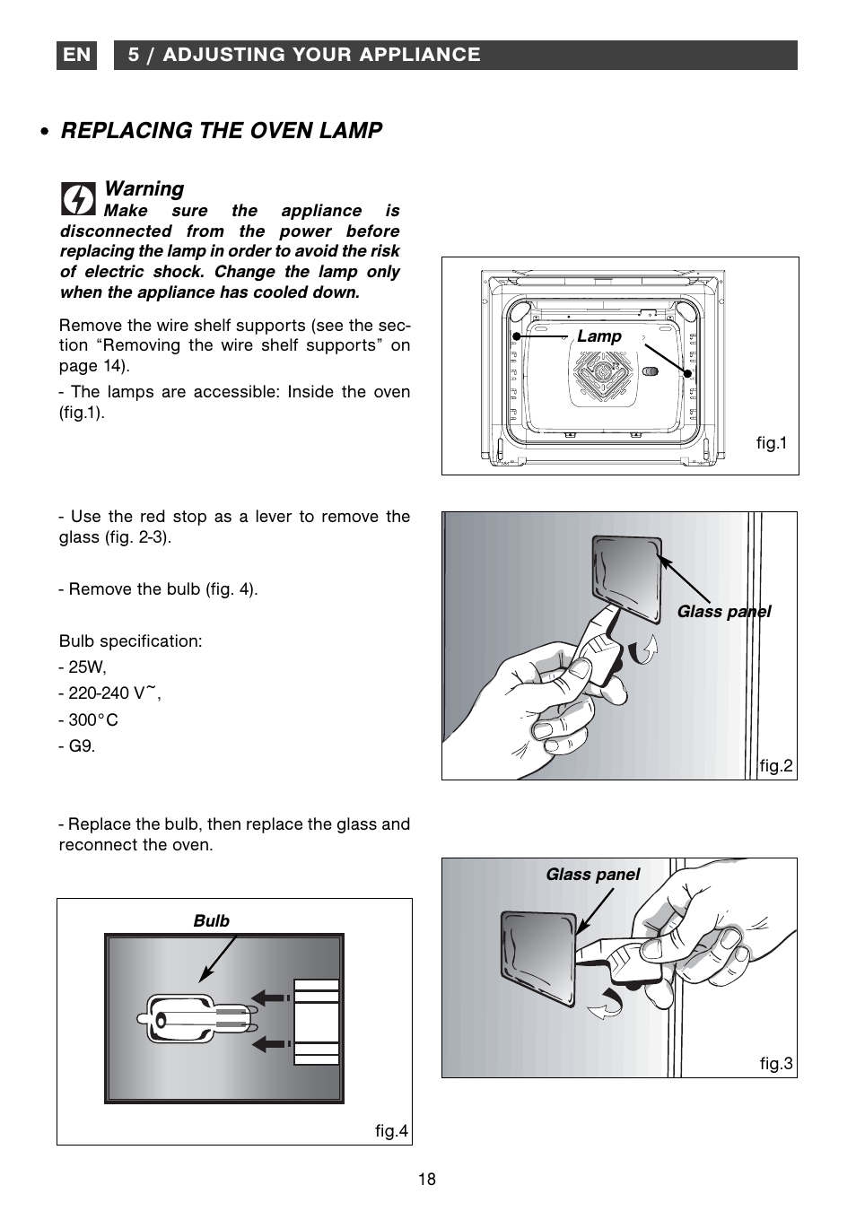 Replacing the oven lamp, Warning | DE DIETRICH DOP1180 User Manual | Page 18 / 20