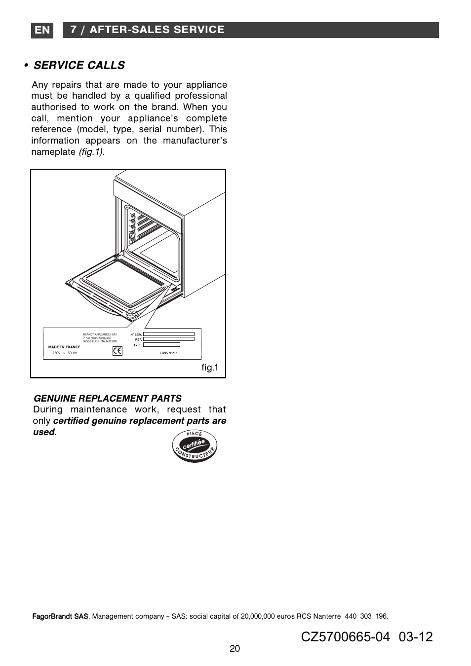 Service calls, En 7 / after-sales service | DE DIETRICH DOP1180 User Manual | Page 20 / 20