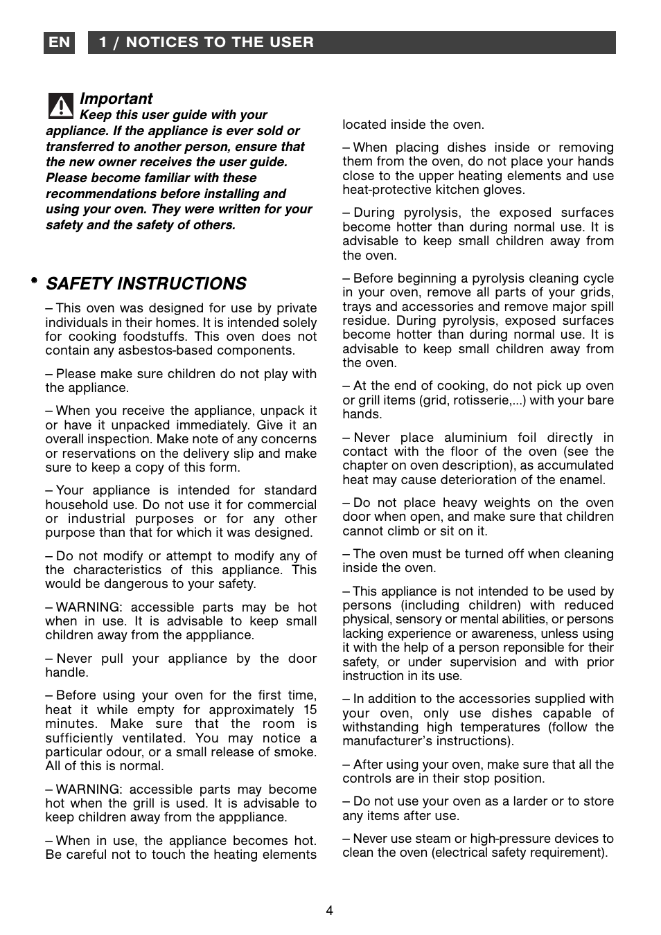 Safety instructions, Important | DE DIETRICH DOP1180 User Manual | Page 4 / 20