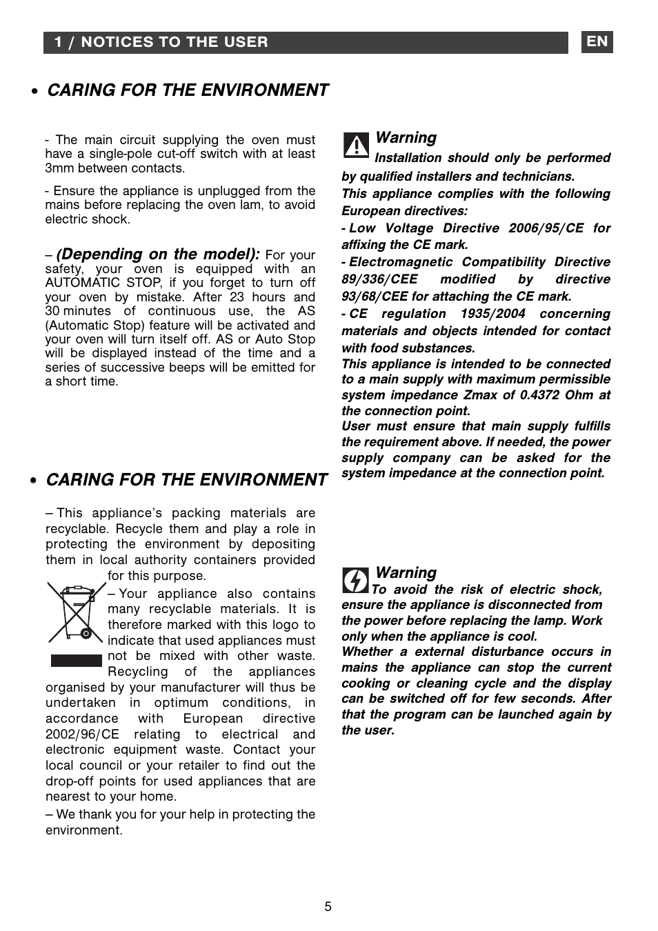 Caring for the environment | DE DIETRICH DOP1180 User Manual | Page 5 / 20