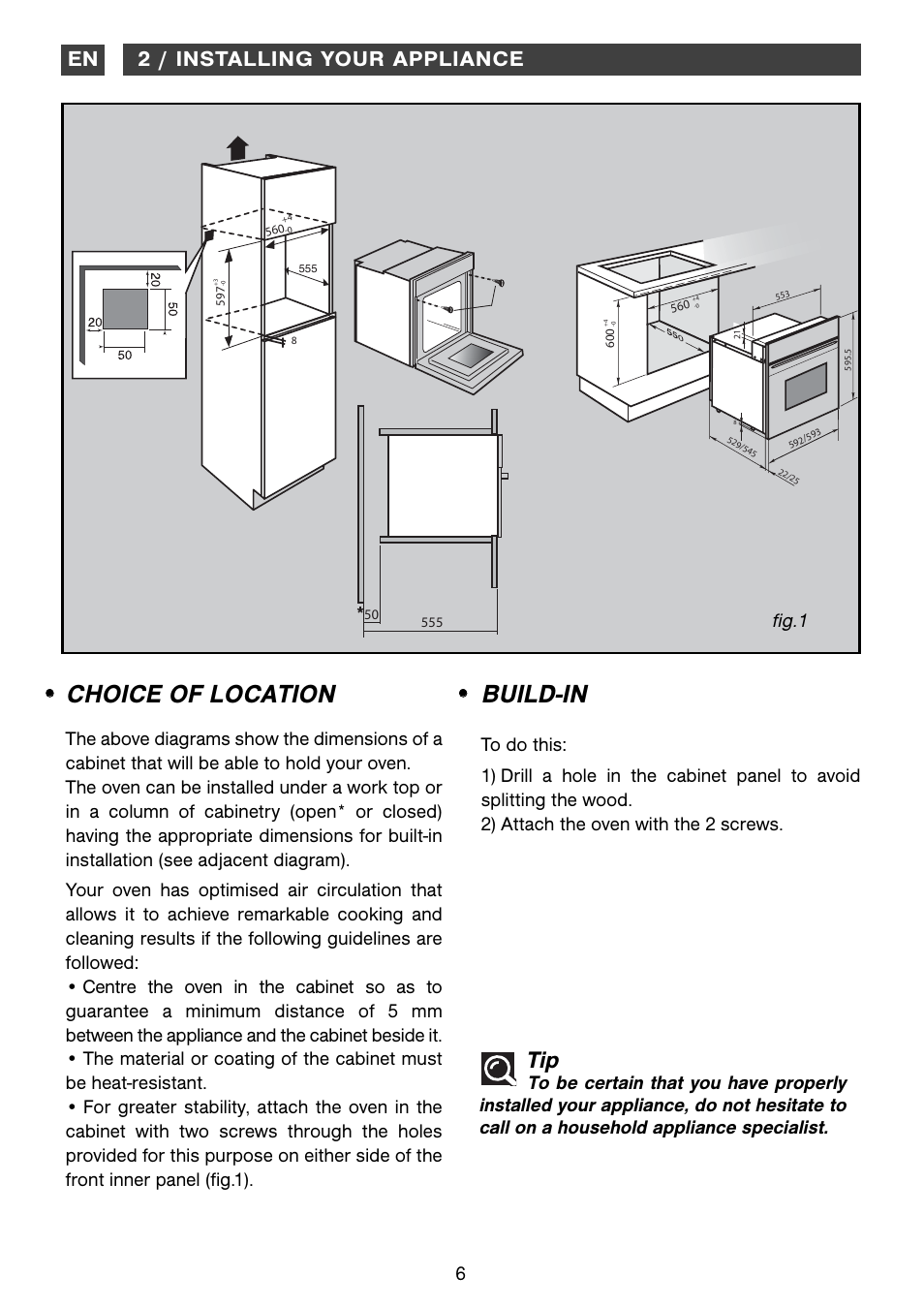 Build-in, Choice of location, 2 / installing your appliance en | Fig.1 | DE DIETRICH DOP1180 User Manual | Page 6 / 20