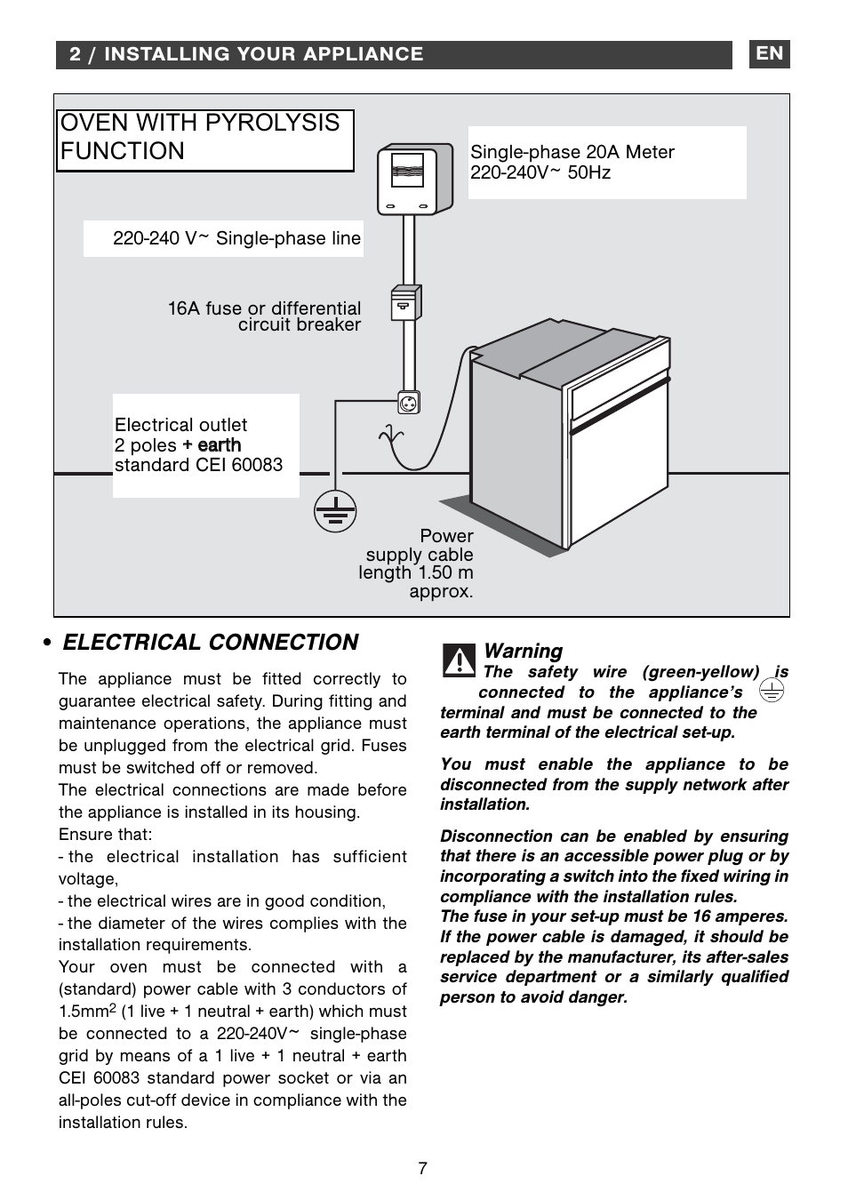 Electrical connection, Oven with pyrolysis function | DE DIETRICH DOP1180 User Manual | Page 7 / 20