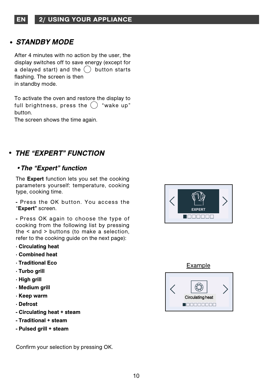 The “expert” function • standby mode, The “expert” function | DE DIETRICH DOS1160 User Manual | Page 10 / 29