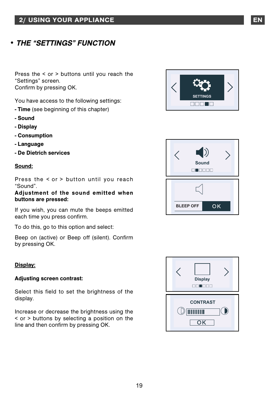 The “settings” function | DE DIETRICH DOS1160 User Manual | Page 19 / 29