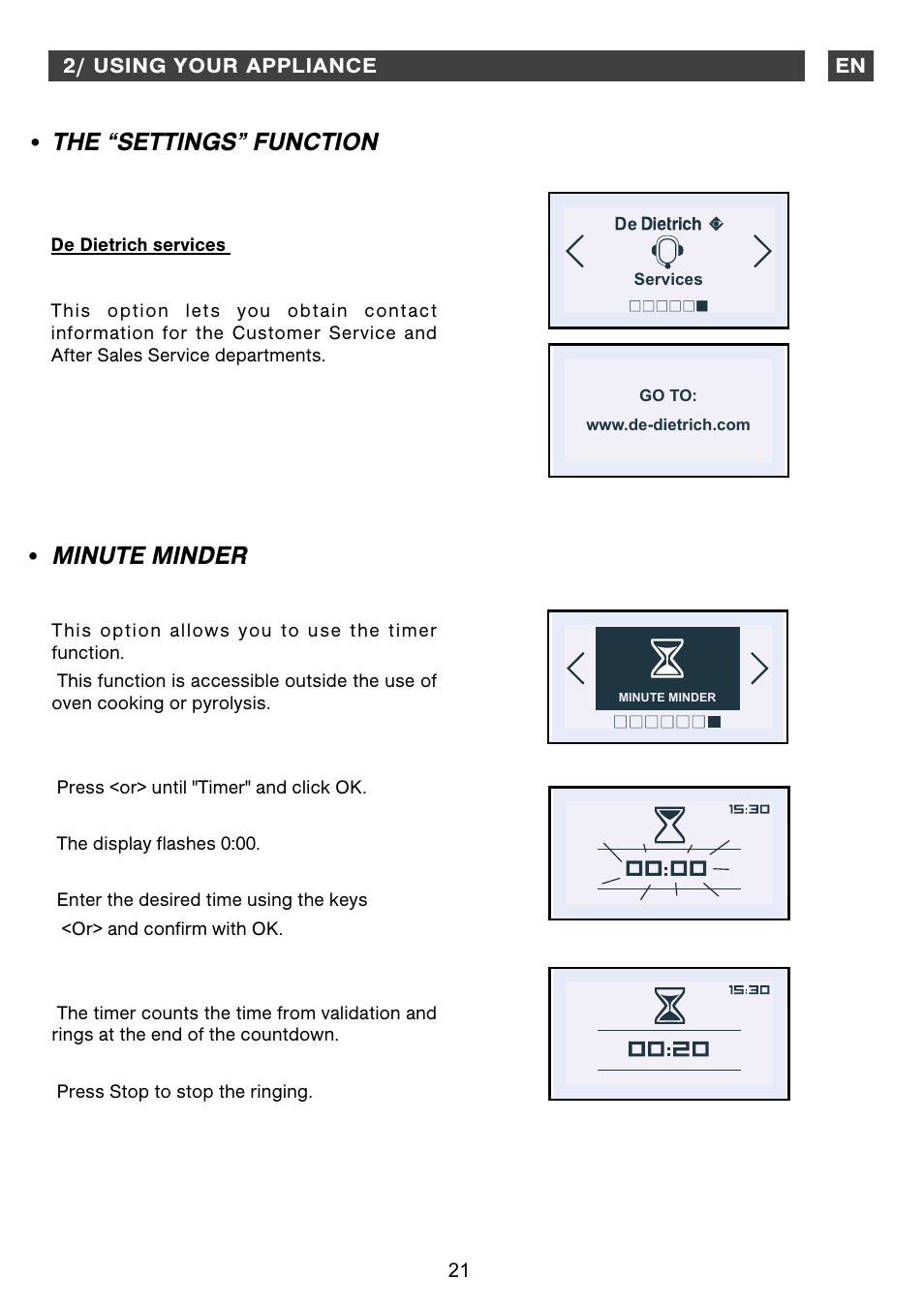 The “settings” function minute minder | DE DIETRICH DOS1160 User Manual | Page 21 / 29